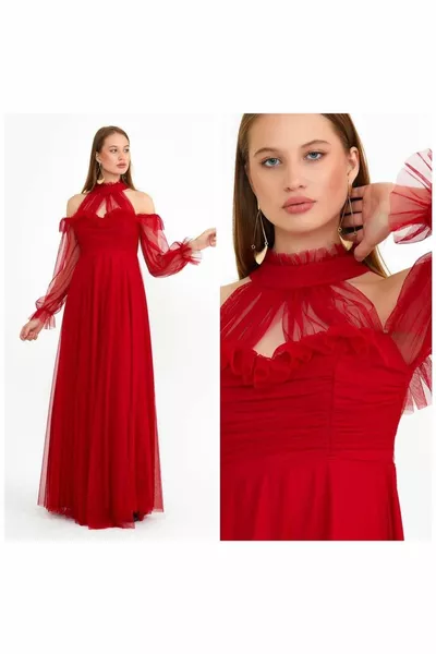 WOMEN'S TULLE SLEEVES DRAPED EVENING DRESS WITH ELASTIC DETAIL