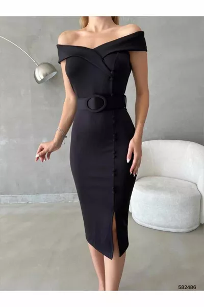Carmen Neck Low-Sleeve Belt Slit Midi Length Evening Dress