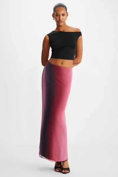 بيولا تنورة نسائية طويلة بطول الخصر المطاطي أحمر - أسود - وردي