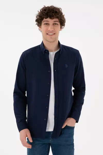 قميص رجالي أزرق داكن بأكمام طويلة أساسي 