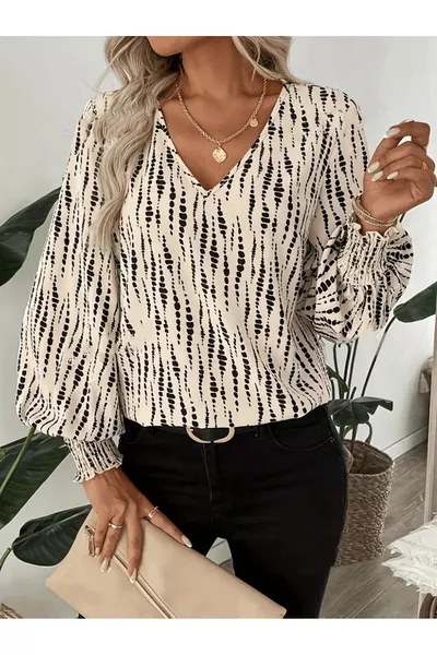 V Yaka Desenli Uzun Kollu Kadın Bluz | Gipe Kol Detaylı | Şık Süprem Kumaş