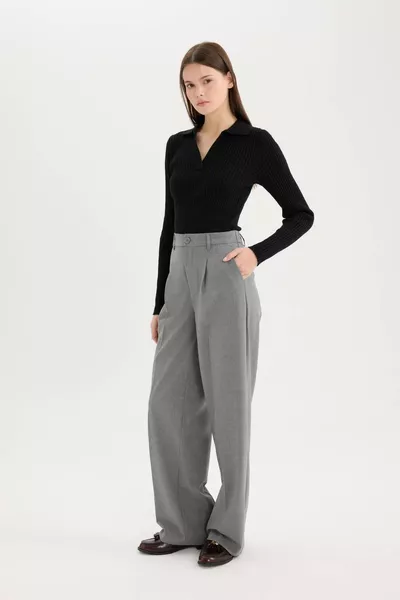 Pantalon en tissu classique à jambes larges, coupe ample, poches doubles, taille haute, longueur standard, basique uni 