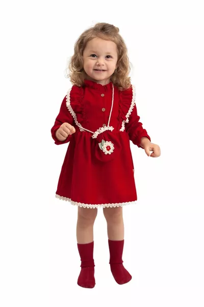 Meisjesjurk met lange mouwen, rood, met tas en kant (2-3-4-5 JAAR)