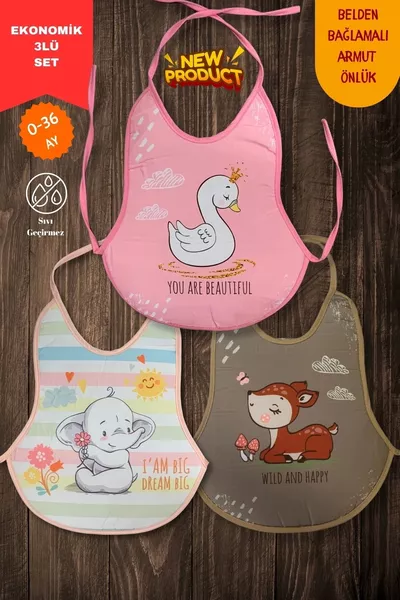 3-Piece Set Girl Printed Waterproof Apron Bib for Feeding and Activity (Bear)