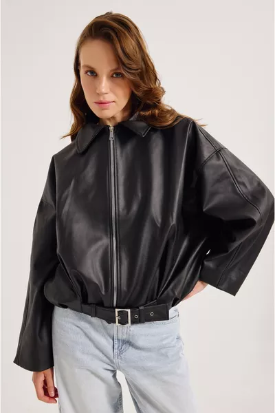 New Season Faux Oversized Bomber Leather Jacket