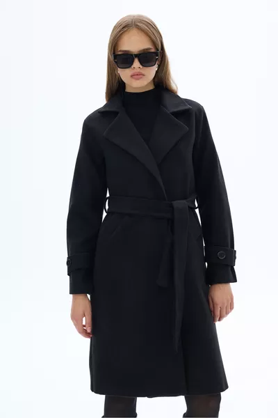 معطف كاشيه أسود بحزام / مجموعة