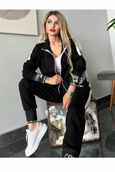 طقم رياضي نسائي بأزرار أمامية مطرز بخيطين وليكر