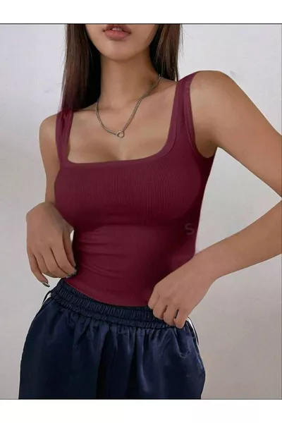 Dames Zwarte 4-delige Ribgebreide Crop Top met Vierkante Hals en Brede Bandjes Sport Ribgebreide Top 