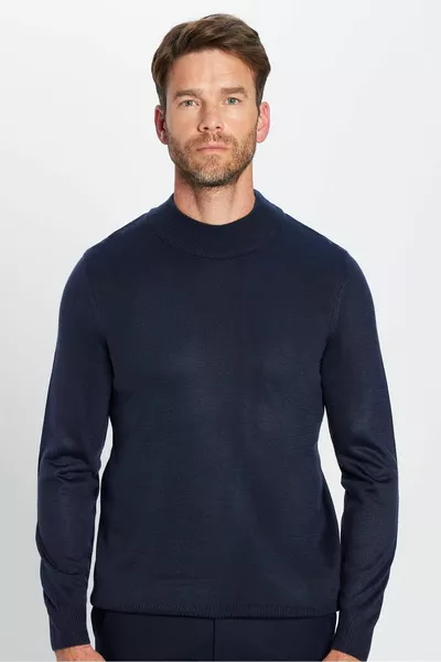 Slim fit Slim fit halve coltrui met smalle hals en zachte textuur marineblauwe gebreide trui voor heren