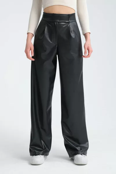 Kadın Deri Yüksek Bel Cırt Cırtlı Cepli Siyah Palazzo Pantolon