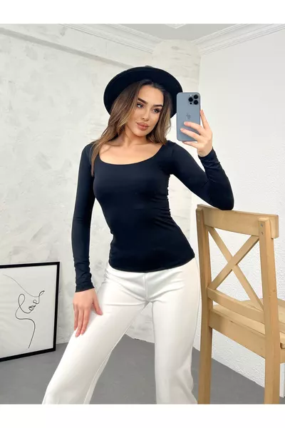 Kadın Siyah Kare Yaka Ön Çift Kat Polyemid Body