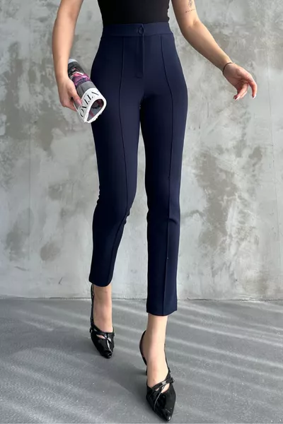 Kadın Lacivert Yüksek Bel Toparlayıcı Dar Paça Çimalı Kumaş Pantolon