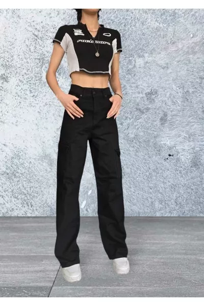 Дора дамски черен карирано без задни джобове с ликра модел карго палацо панталон