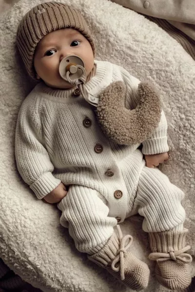 طقم رضّع جديد من الصوف مع قبعة وتفاصيل أزرار للبنات/الأولاد - بلون عاجي
