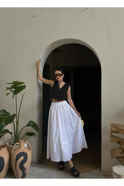 تنورة طويلة بيضاء من البوبلين بخصر مطاطي 