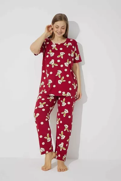 Burgundy Rabbit Patterned Cotton Curve Plus Size Battal Pajamas Set