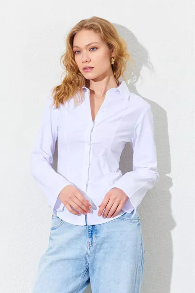 قميص قطني إسباني بأكمام وخصر مطاطي - أبيض | 