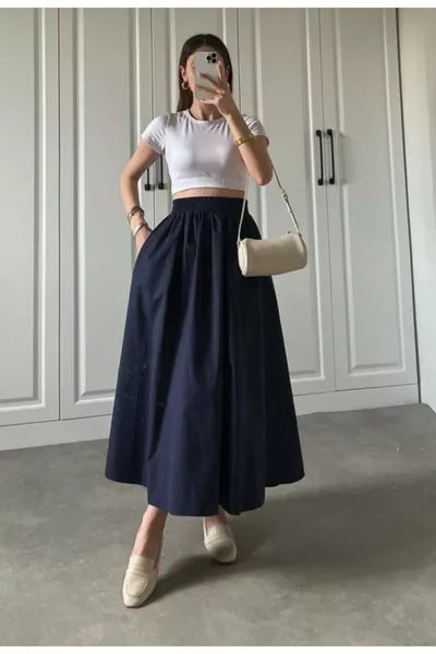 تنورة يومية من قماش البوبلين بشريط مطاطي طويل