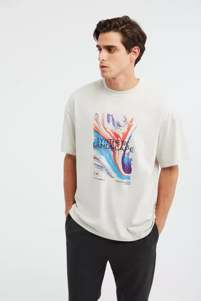 Landscape Men's % Organic Cotton Thick Textured Oversized Stone-Colored T-shirt with Print Detail