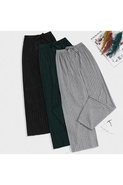 3'lü Kadın Fitilli Raporlu Pantolon & Eşofman, Gündelik Ev Giyim Pijama