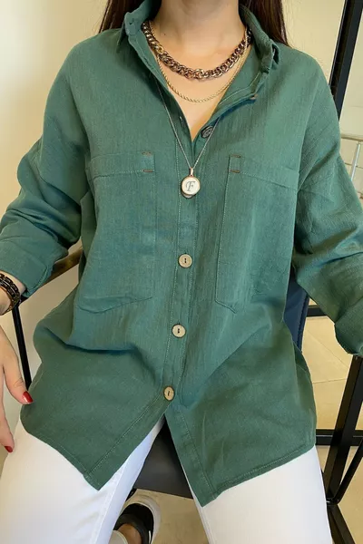 Women's Khaki Wooden Button Cotton Linen Shirt % Cotton % Linen