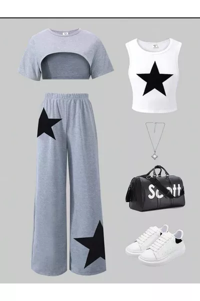 3-Piece Star Print % Cotton Kids' Sleeveless Top and Bottom Set