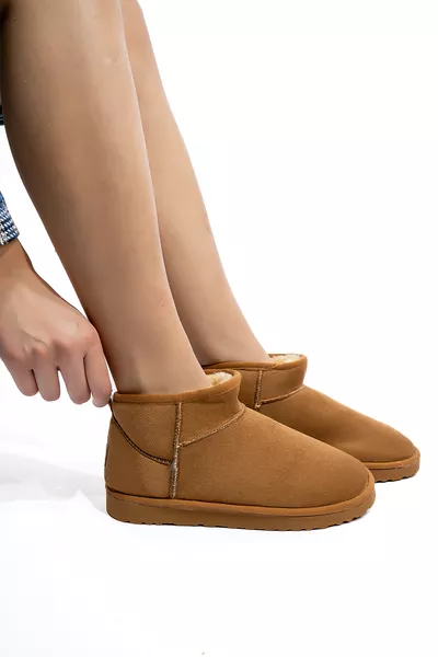 Damen Taba Wildleder Stiefel Ultra Mini Wildleder Stiefel mit Fellfutter Wintersohle Kurzer Absatz UG Stiefel