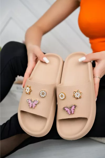 Kadın Bej Taşlı Günlük Plaj Deniz Havuz Terliği Jel