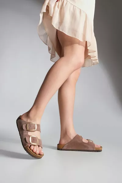 Дамски ежедневни чехли от естествена кожа с двойна лента, подметка EVA, поли визьон