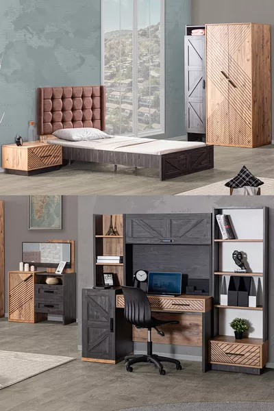 Elit Genç Odası - 3 Kapılı Dolap, Karyola, Komodin, Şifonyer, Masa, Kitaplık