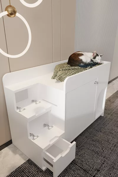 MAYA Houten Kattenbak en Bed Stapelbed Model - deksel met slot - Geen Zandbak - Geen Bed - WIT
