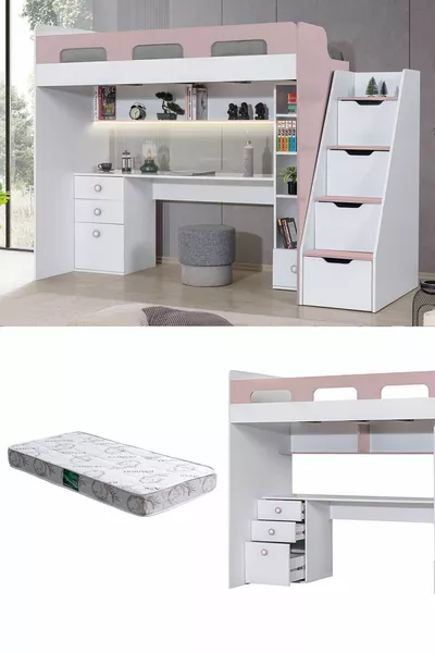 Двуетажно легло, троянско легло, маса, библиотека - розово, 1 брой комфортен матрак