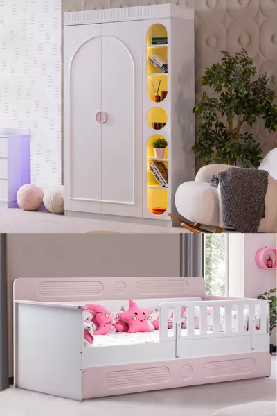 غرفة أطفال فلورا، سرير فلورا مع أدراج للأطفال، خزانة دولوناي ببابين + مكتبة - وردي