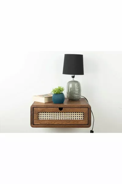 Ahşap Rattan Detay Duvara Monte Modern Komodin