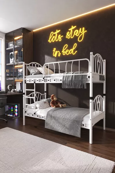 Lit Superposé et Lit Simple en Métal pour Chambre d'Enfant Orkide Blanc