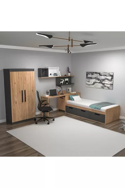 غرفة نوم شبابية أكسر 4 قطع - صنوبر أطلنطي أنثراسايت (مكتب عمل، سرير، خزانة، رف جداري)