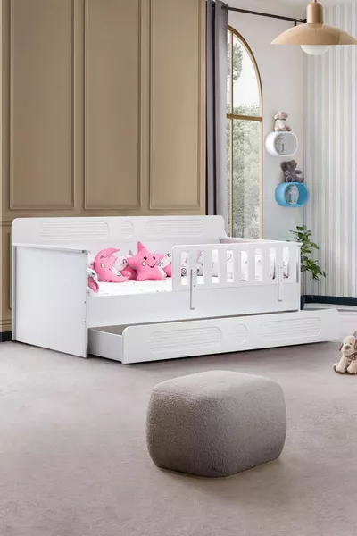 Flora Children's Room Set, Flora Bunk Bed, Vira 4-Door Wardrobe, Bookshelf - White