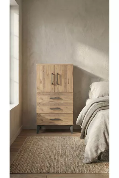 Chevet Arges avec 2 étagères, 3 tiroirs et 2 portes, pin-pin