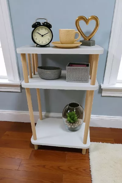 Witte Hoge Bijzettafel Nachtkastje 3-Lagen Draai- en Instelbaar Speciale Ontwerp Met Houten Poten