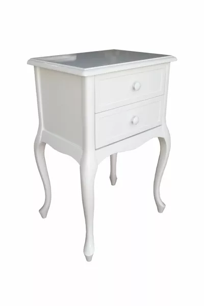 خزانة جانبية بأرجل مخروطية مع درجين، كلها خشب مطلي باللون الأبيض