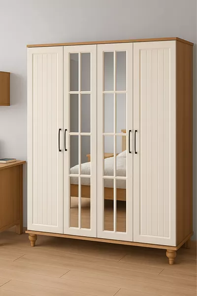 Nefes MDF 4-Door Cabinet with Drawers | Rehau Coating | Beech Wood Legs | Sturdy Construction