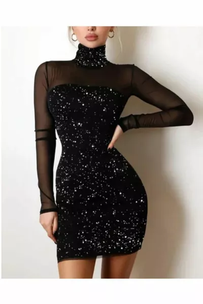 فستان بياقة مدورة مصنوع من قماش الغليتر والتول على الأكمام