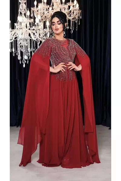 Zena Fashion Boncuk Nakış İşlemeli Göğüs Detaylı Pelerin Kollu Abiye Elbise