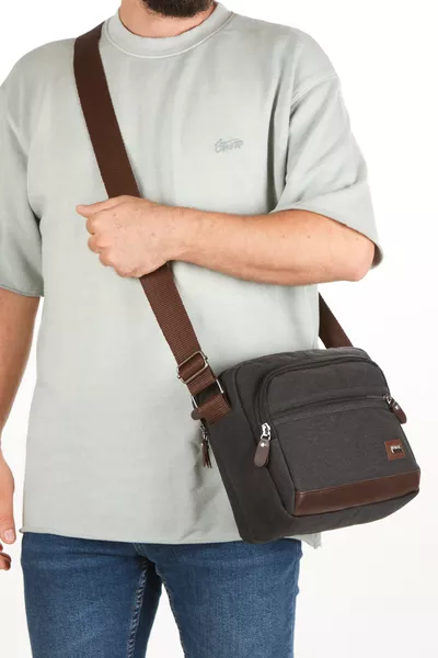 Men's Canvas Fabric Water-Resistant Shoulder Bag Black (Work and Travel) with Multiple Compartments