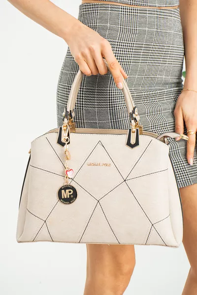 Women's Hand and Shoulder Bag with Cream Embroidery Detail