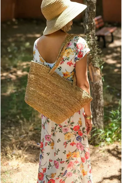 حقيبة يد نسائية من القش بسحّاب وحزام للكتف - حقيبة شاطئ  سم