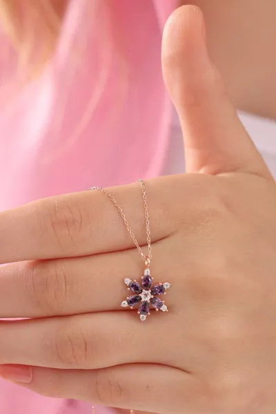 Silver Setting Chain Rose Plated Amethyst Teardrop Lotus Camellia Flower Necklace