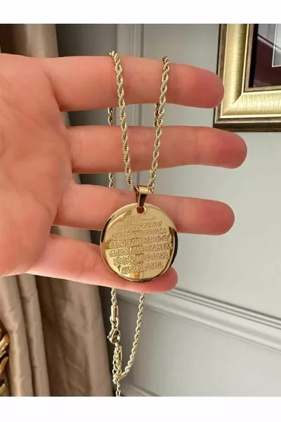 ÇELİK ALTIN KAPLAMA AYETEL KÜRSİ DUALI KOLYE BURGU ZİNCİRLİ ( CM)