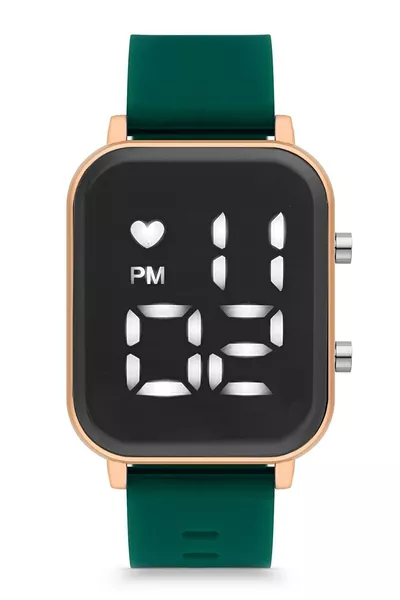 Damen Digital LED Armbanduhr mit grünem Silikonarmband und rotem Gehäuse