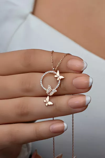 Silver Setting Circle Design Flying Love Butterflies Necklace